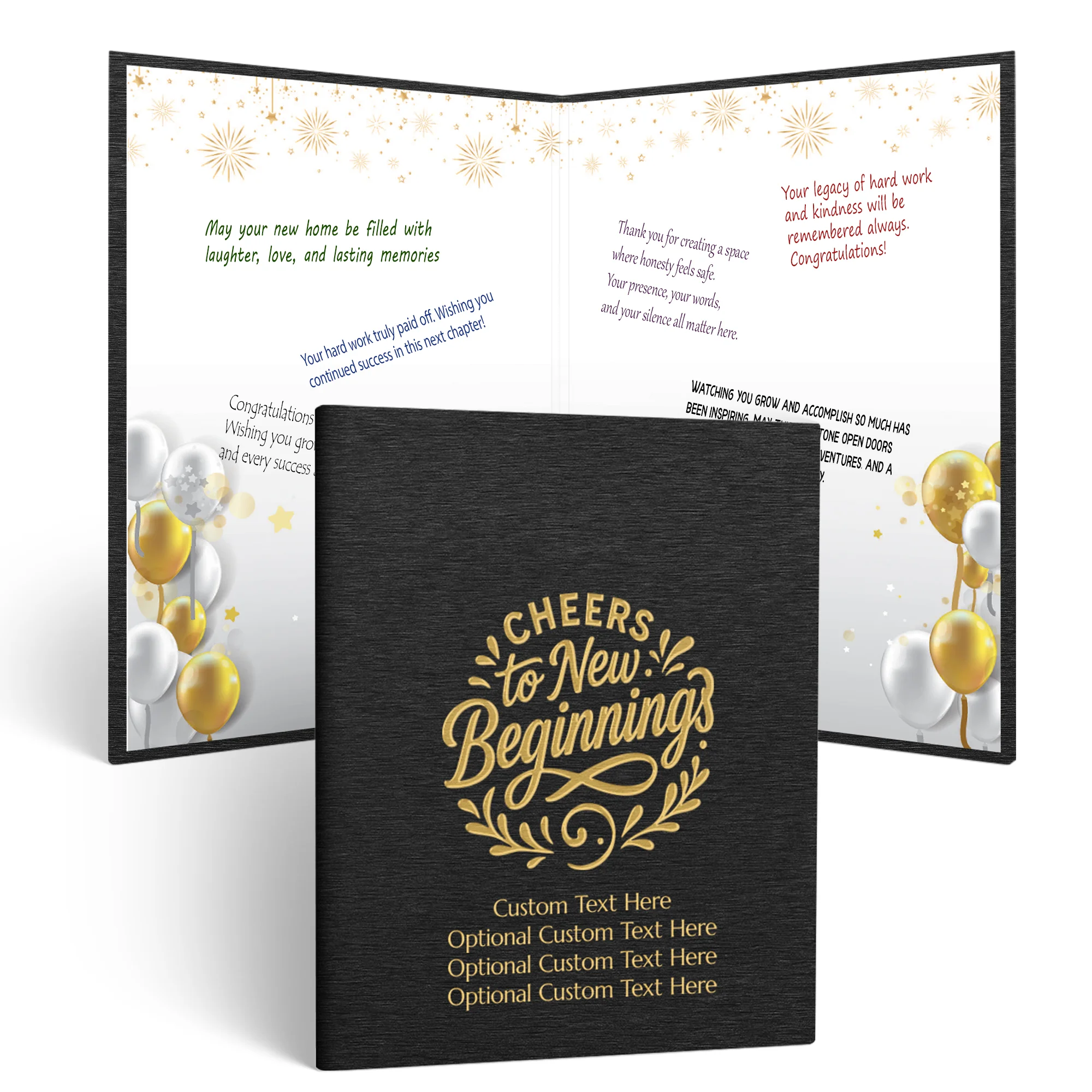 Black vegan leather multipurpose guest book with a textured cover reading “Cheers to New Beginnings” and customizable lines “Custom Text Here Optional Custom Text Here Optional Custom Text Here Optional Custom Text Here.” Inside, the guest book features g